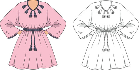 Vector illustration of two women's boho style dresses with tassels, long sleeves, belted waist, casual summer fashion, loose fit design, detailed CAD drawing, front view, 