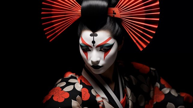 Artistic portrait of woman with dramatic makeup and red accessories inspired by traditional theatrical performance and cultural symbolism.