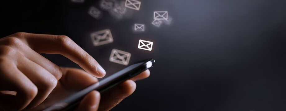 The smartphone displaying messages with email icons floating above the screen.