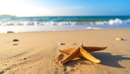 Starfish on a sandy beach at sunrise