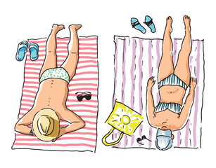 Couple people in beach holiday, summer vacation, lying on seashore, tanned, relaxing, realistic outline hand drawings, vector illustration