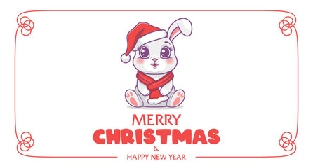 Vector cartoon cute lovely cuddly sitting little bunny wearing Santa Claus hat and red scarf. Merry Christmas and Happy New Year. Toon greeting card or flyer. Winter festive, white background
