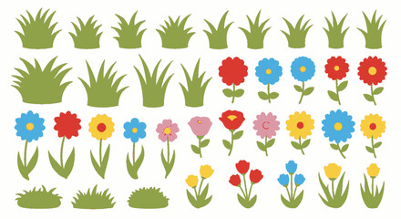 Illustrations of assorted cartoon flowers and grass tufts isolated on white © Fath