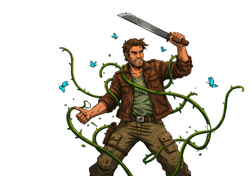 Fototapeta Pixel Art Illustration Of A Man Fighting In Green Vines With Machete