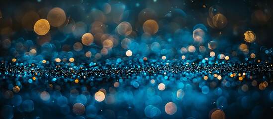 Abstract bokeh background with blue and gold lights.