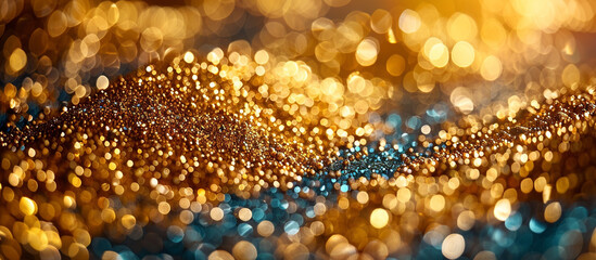 Abstract Bokeh Background of Gold and Teal Glittering Particles.