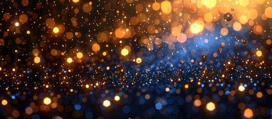 Abstract bokeh background with gold and blue lights.