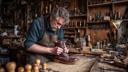 Artisan Repairing Vintage Boot in Workshop Surrounded by Tools