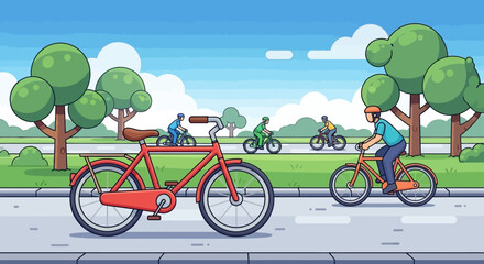 People enjoying a sunny day cycling leisurely on a scenic park path, embracing an active and healthy outdoor lifestyle with bicycles in a vibrant, illustrative setting