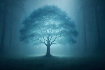 Windows 11 Wallpaper: Solitary tree in foggy landscape with soft moody lighting and mysterious atmospheric feel