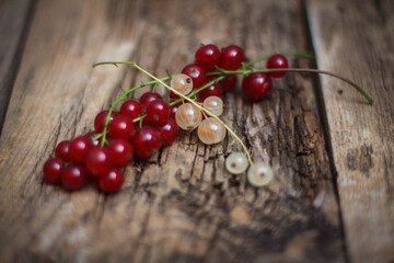 Red and white currants on rustic wooden surface close up
