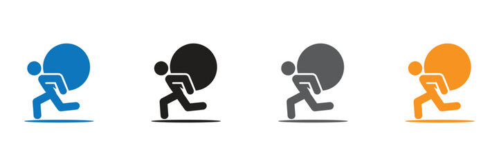 Four variations of a person carrying a heavy load, in different colors. Four simple icon illustrations depict a person running while carrying a large object.