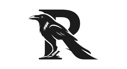 A bold black raven or crow silhouette integrated with the capital letter R, creating a powerful and striking logo design.