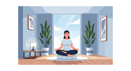 Serene Woman Meditating in a Bright Room with Large Windows and Green Plants, Promoting Calmness and Mindfulness