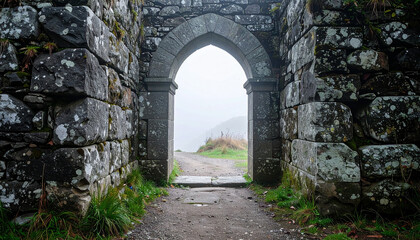 Obraz premium Mysterious portal framed by weathered gray stones, old stone archway. Soft mist in background.