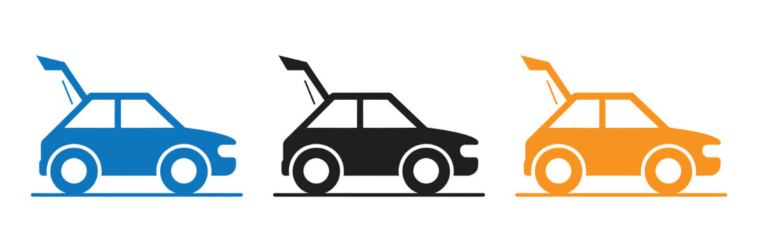 Three Simple Car Icons with Open Trunks Three stylized car icons, in blue, black, and orange, featuring open trunks.