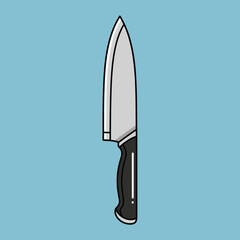 A sharp chef's knife with a black handle and silver blade is a modern vector illustration on a vibrant blue background, ideal for culinary projects.