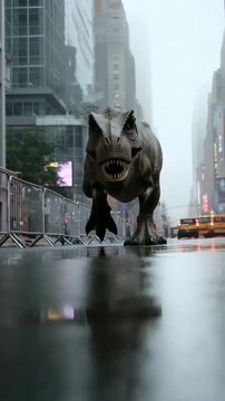 Realistic T-Rex Walking Through Rainy City Street with Reflections and Urban Background
