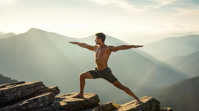 Man yoga mountain sunrise fitness balance nature meditation healthy outdoor, shirtless man practicing yoga warrior pose rocky mountain peak sunrise, surrounded by misty mountains and hills