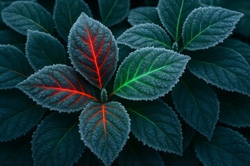 Windows 11 Wallpaper: Dark green and red leaves with vein contrast in moody lighting creating a digital botanical background