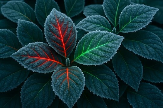 Windows 11 Wallpaper: Dark green and red leaves with vein contrast in moody lighting creating a digital botanical background