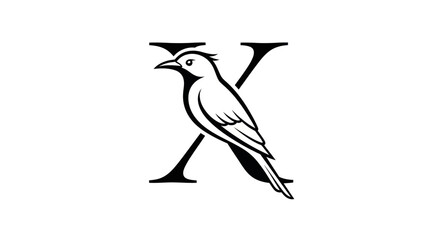 Bird Perched on Letter X, Black and White Graphic.