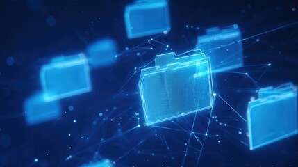 Abstract network grid with files and folders, futuristic software interface, digital document management system, store, search and organize documents, corporate business, paperless office	

