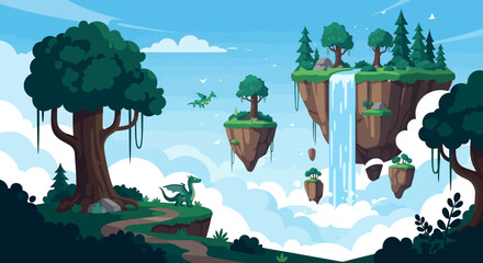 Enchanting vector illustration of a magical fantasy world with floating islands, soaring dragons, and serene waterfalls in the sky