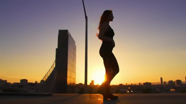 Silhouette woman rollerblading sunset cityscape
