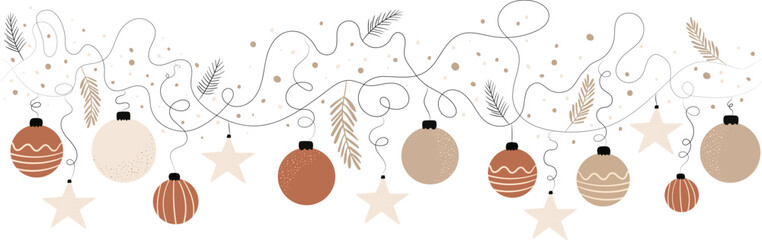 boho christmas border seamless garland pastel baubles stars pine branches linear hand drawn festive decoration for cards posters web design