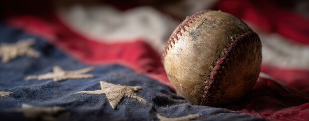 The vintage baseball resting on a worn American flag background.