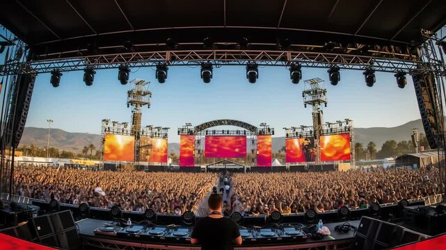 Large outdoor music festival with electronic dance music, DJ performing stage, vibrant lighting, energetic crowd, sunset summer vibes, scenic mountain background, colorful lights, and lively