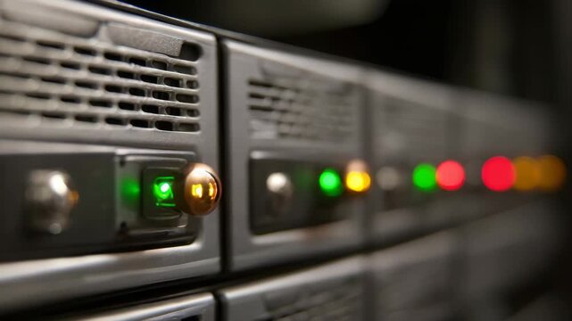 Server Rack Close Up Featuring Blinking Red Green and Yellow Lights in Dark Interior with Silver Handles and Black Metal Vents Computer Network Technology