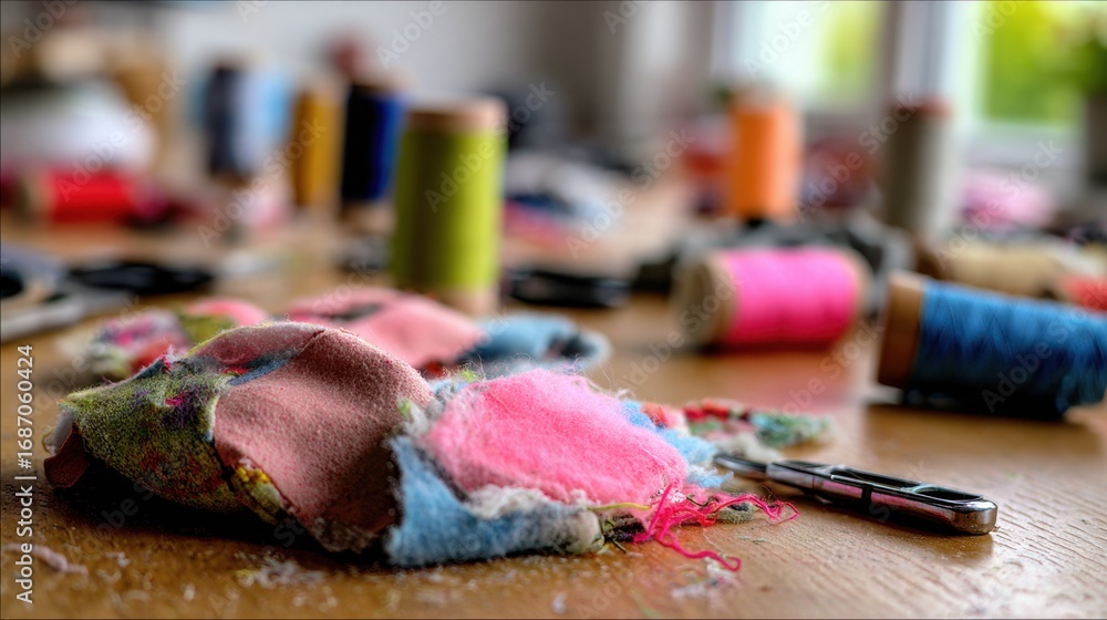 Poster fabric scraps and thread in focus as a diy interactive pet toy takes shape with soft blurred tools a