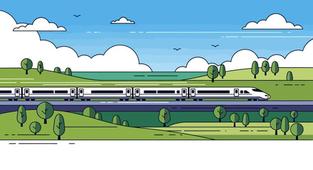 Modern high-speed train traveling through a scenic green landscape under a cloudy blue sky, illustrating advanced transportation technology