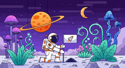 Astronaut Planting Flag on Alien Planet with Mushrooms and Rings