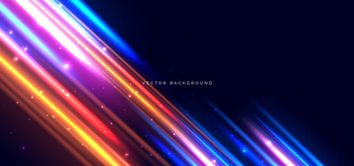 Obraz premium Muticolor diagonal lighting streaks on dark blue background. Hi speed movement concept.