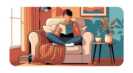 Cozy Scene of a Person Relaxing in an Armchair with a Book and a Warm Blanket