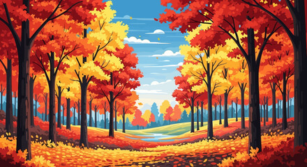 Stylized illustration of a tranquil forest path ablaze with the brilliant and vibrant colors of autumn foliage