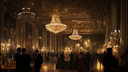 Elegant Ball in a Lavish Ballroom, Crystal Chandeliers and Genteel Gathering