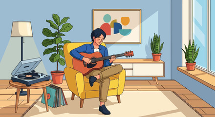 A young man enjoys a relaxing afternoon playing the acoustic guitar in his cozy, sunlit living room with a record player and plants