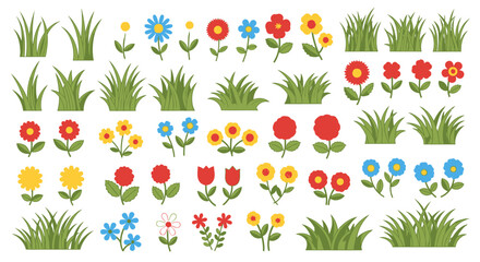 Cartoon grass and flowers vector seamless decorative elements collection