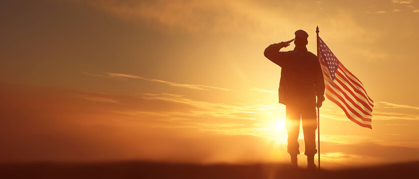 Veteran saluting american flag at sunset patriotic memorial day image