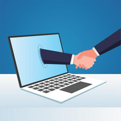 Handshaking on laptop concept. Online Communication, two business man handshake on laptop, Businesspersons shaking hands through display of a laptop