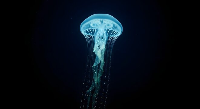 A single glowing bioluminescent jellyfish floating in total darkness