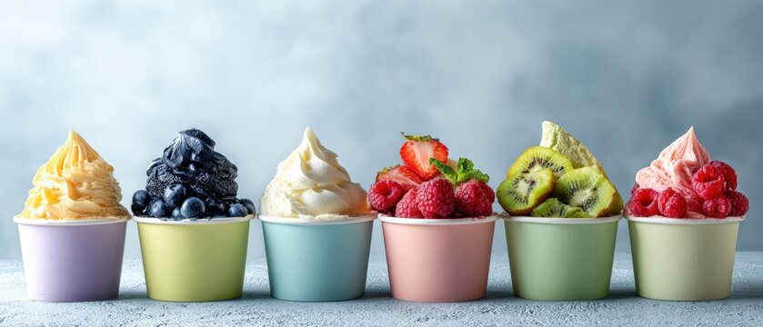 The delightful assortment of colorful ice cream cups with fresh toppings.