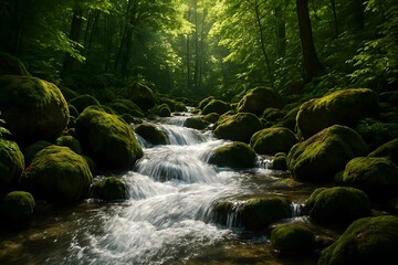 Windows 11 Wallpaper: Calm mountain stream flowing gently through moss-covered rocks in forest under soft daylight in tranquil nature scene