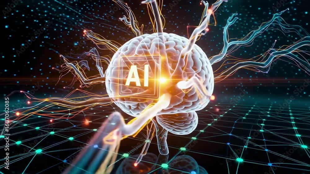 Poster dynamic ai brain concept with glowing neural network and vibrant digital data flow, perfect for tech