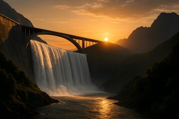 Windows 11 Wallpaper: Scenic view of sunset behind dramatic arched bridge with waterfall and mist in mountainous canyon during golden hour