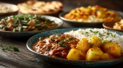 Authentic Indian cuisine with flavorful curries rice potatoes and naan bread served on a rustic wooden table
